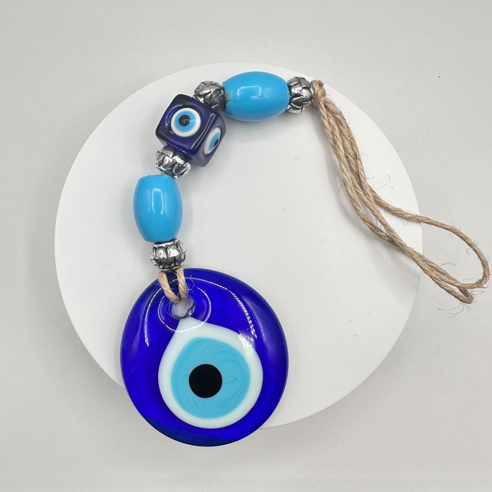 Vintage 90s Evil Eye Blue Glass Amulet Wall Hanging Protection Pendant Jewelry
